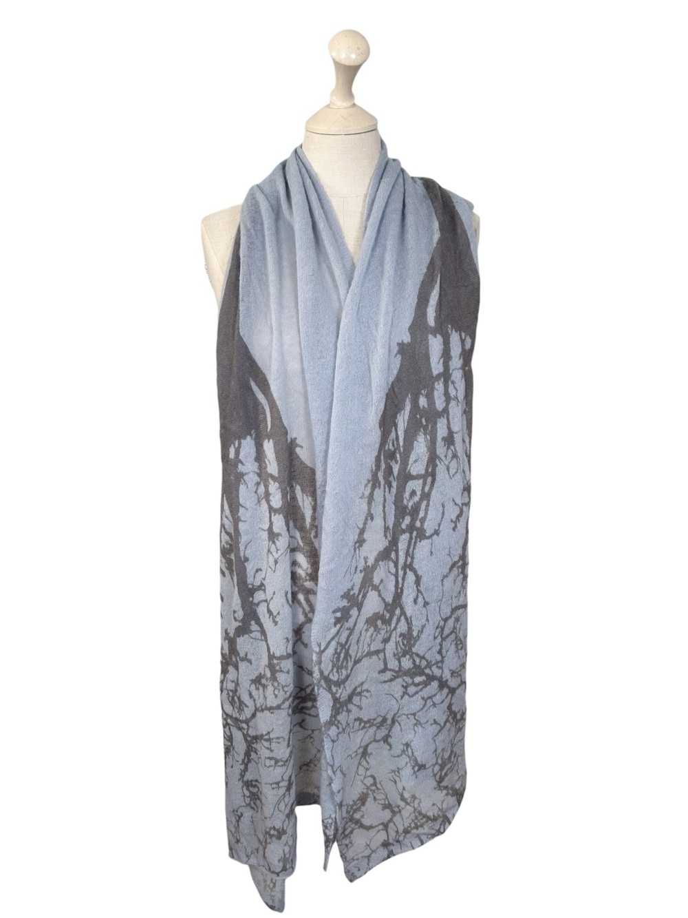 Pure Cashmere Light Blue and Gray Tree Print Scarf